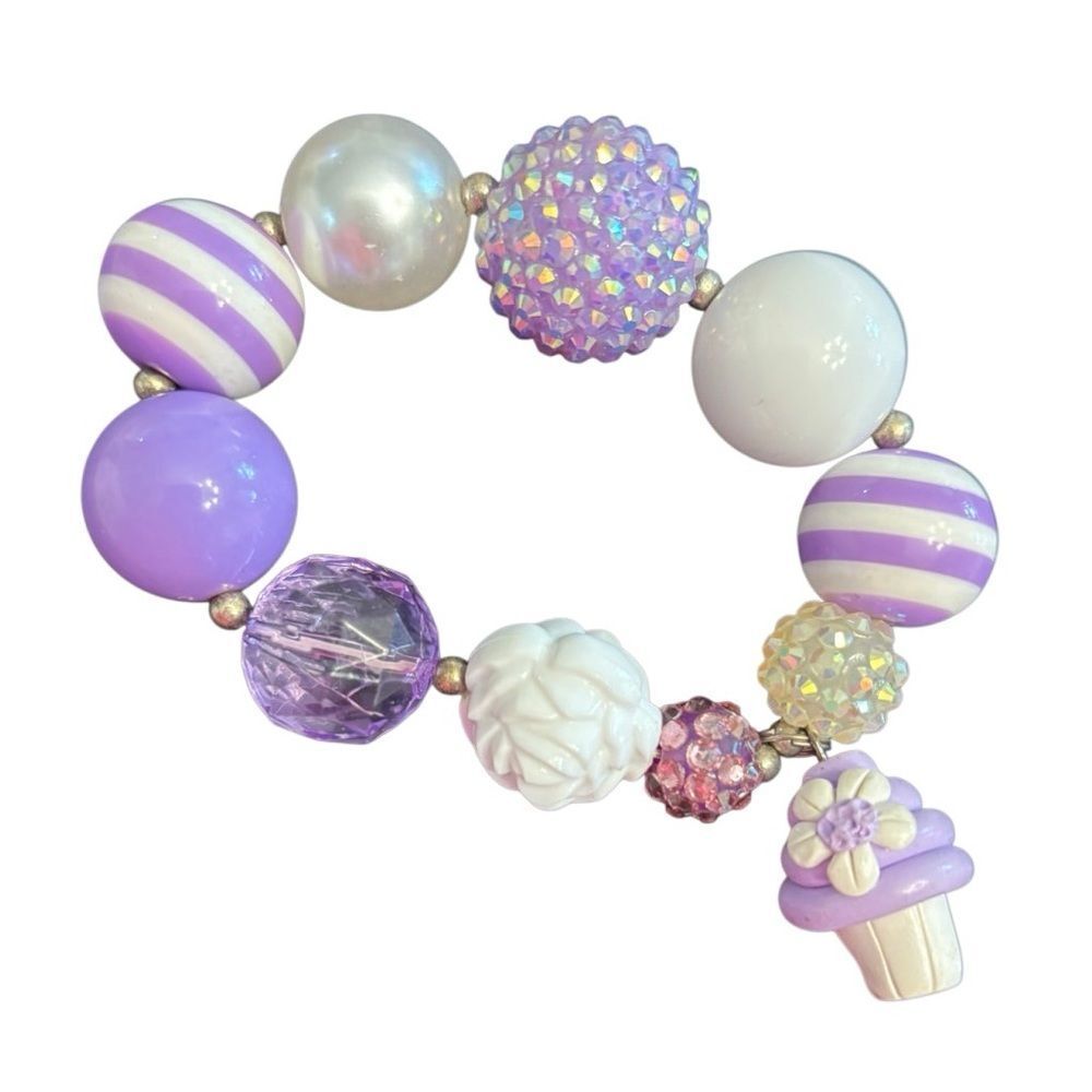 Cupcake Purple and White Chunky Stretch Charm Bracelet